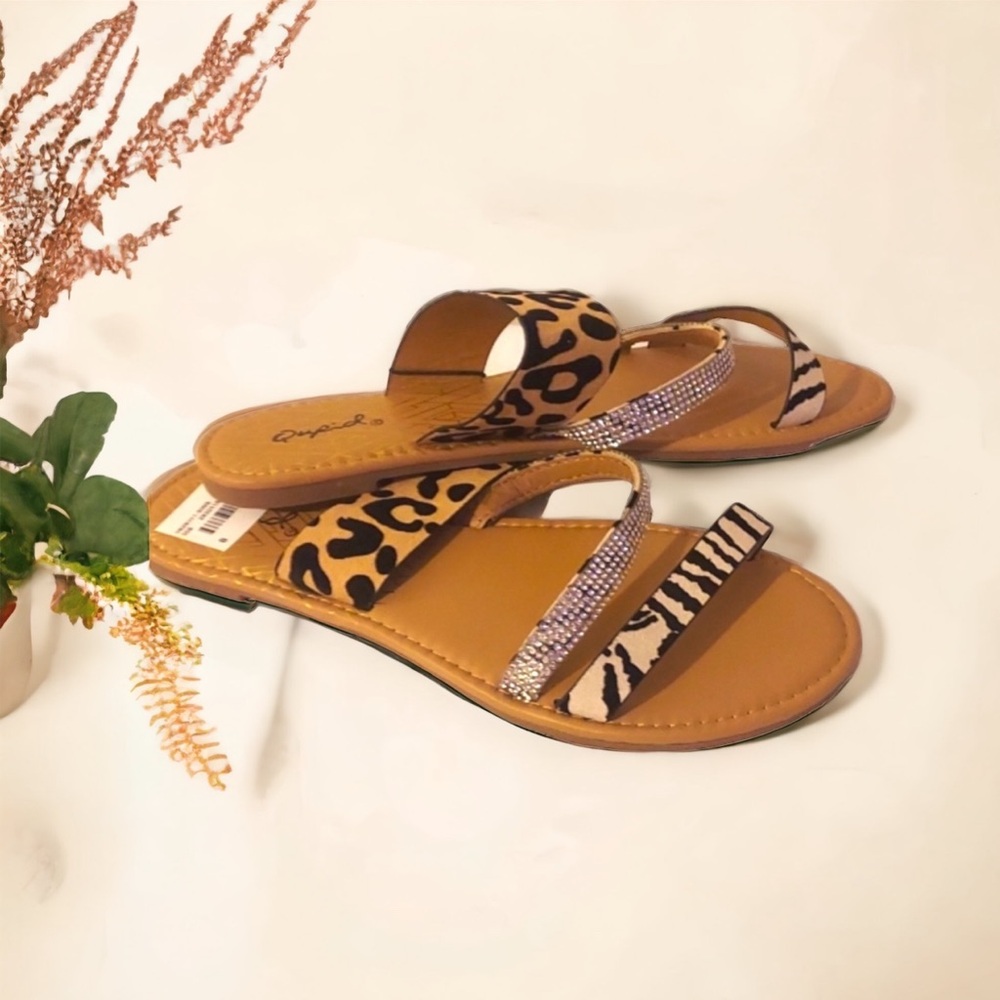 Qupid Animal Print Sandals with Silver Straps